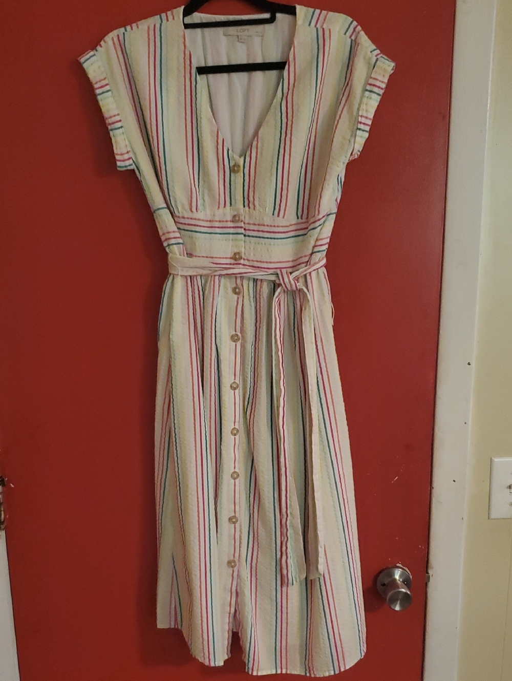 LOFT Rainbow Stripe Seersucker  Midi Tailored Shirt Dress Sz 6P. 100% Cotton